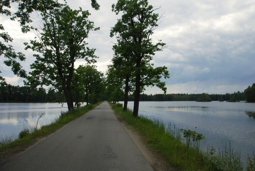 Road leading between two lakes in Trebon, Czech republic 