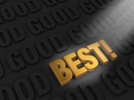 A spotlight illuminates a bright, gold "BEST" on a dark background of "GOOD"s