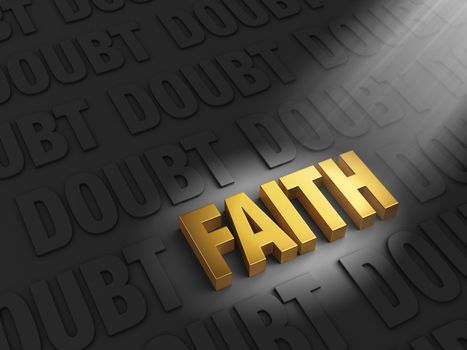 A spotlight illuminates a bright, gold "FAITH" on a dark background of "DOUBT"s