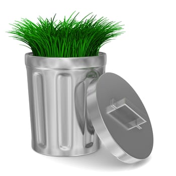 Garbage basket and grass on white background. Isolated 3D image