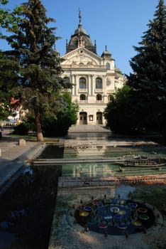 City Hall of slovakian city Kosice with fountains and lantern in front of it