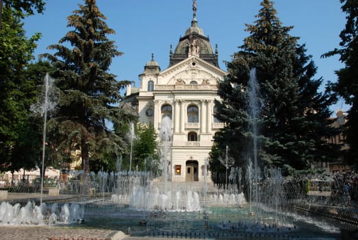 City Hall of slovakian city Kosice with fountains and lantern in front of it