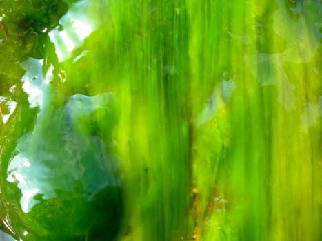 Abstract background of a granite boulder in the sea covered by seaweed is hit by a wave