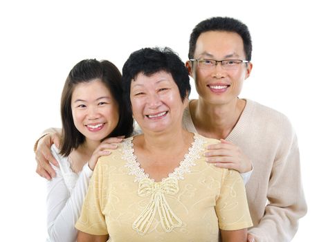 Asian senior mother and adult offspring over white background