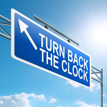 Illustration depicting a roadsign with a turn back the clock concept. Blue sky background.