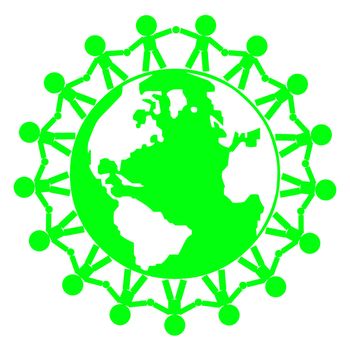 image of people holding hands around globe in green. Use as concept for environment, unity,world peace