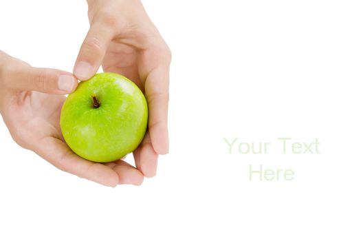 female hand and fresh  green apple  .
