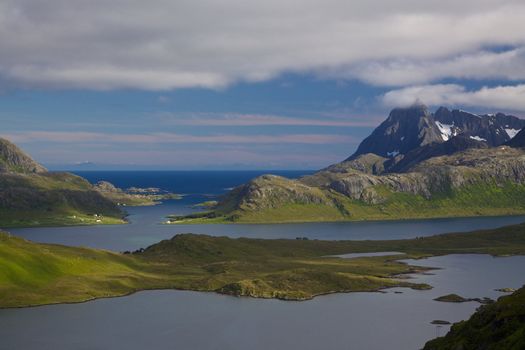Panoramic view of Lofoten islands in norway with fjords and high peaks of mountains surrounding them