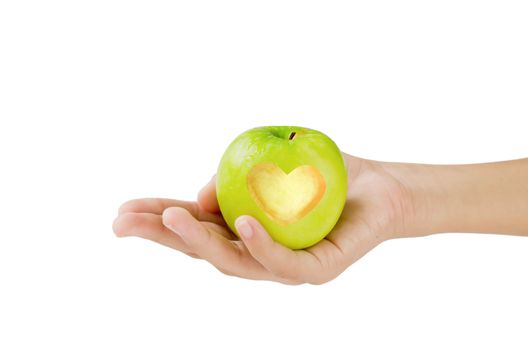 hand with an apple white heart shape on white background