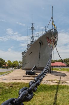 Battleship memorial at Samuthprakarn Thailand in sunny day
