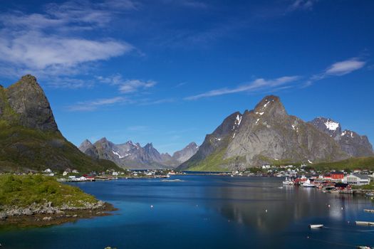 Scenic town of Reine by the fjord on Lofoten islands in Norway