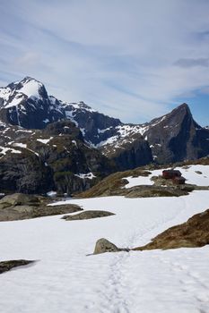 Sharp snowt mountin peaks on Lofoten islands in Norway