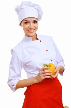 Young cook preparing food wearing apron on white background