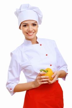 Young cook preparing food wearing a red apron