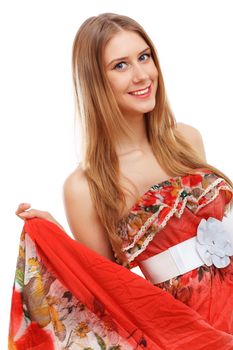 Beautiful young blond woman in red dress