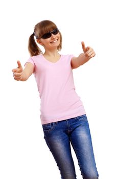 Happy smiling girl dancing and listening to music