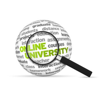 Online University 3d Word Sphere with magnifying glass on white background.