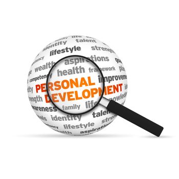 Personal Development 3d Word Sphere with magnifying glass on white background.
