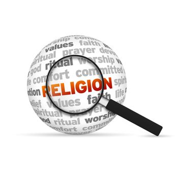 Religion 3d Word Sphere with magnifying glass on white background.