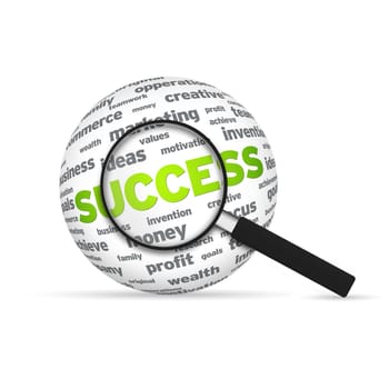 Success 3d Word Sphere with magnifying glass on white background.