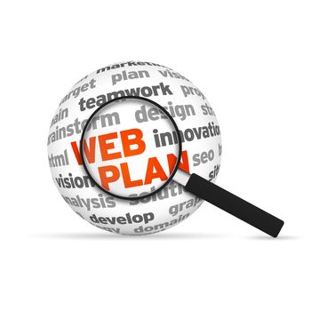 Web Plan 3d Word Sphere with magnifying glass on white background.