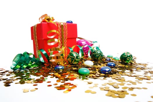 Christmas decorations. Gift box, glitter, confit on a light background