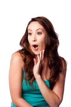 Facial expression of a Surprised shocked amazed young woman with hand on chin and long wavy brown hair, isolated.