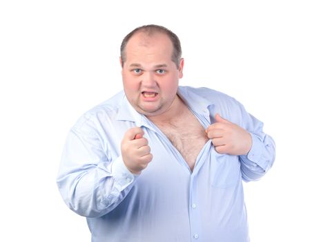 Fat Man in a Blue Shirt, Showing Obscene Gestures, isolated