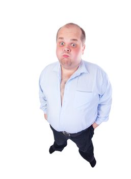 Fat Man in a Blue Shirt, Contorts Antics, wide-angle top view, isolated