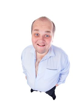 Happy Fat Man in a Blue Shirt, wide-angle top view, isolated