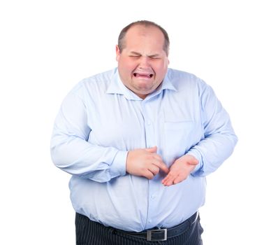 Unhappy Fat Man in a Blue Shirt, isolated