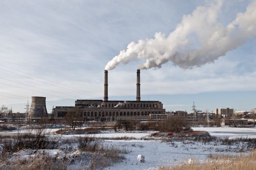 Smoke over sky from pipe of power fuel generation industry factory plant