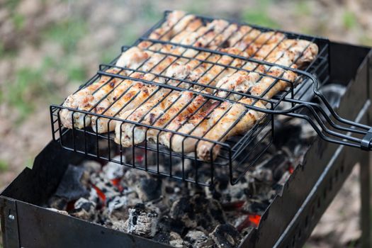 Chicken meat kebab food grilled on barbecue for outdoor picnic  meal