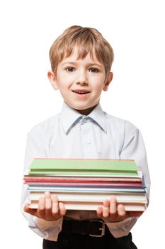 Beauty smiling child boy hand holding education reading books heap