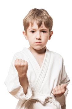 Martial art sport - child boy in white kimono training karate punch