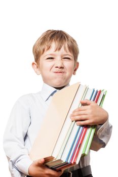 Beauty smiling child boy hand holding education reading books heap