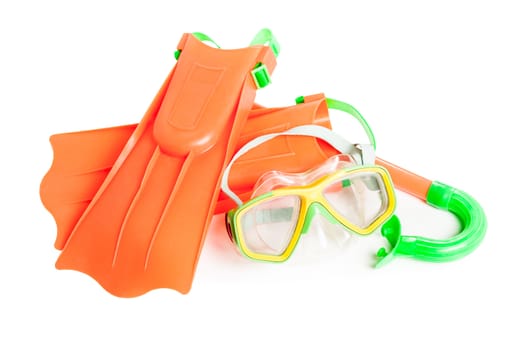 Scuba water diving equipment - snorkel mask and flippers white isolated