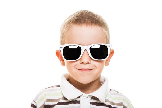 Beauty smiling child boy in sunglasses white isolated