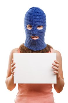 Russian protest movement concept - woman wearing balaclava or mask on head holding blank white card in hands white isolated