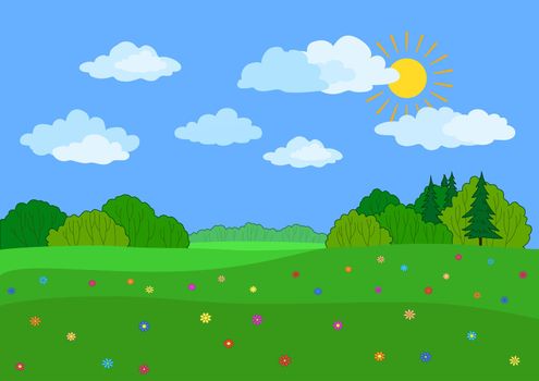 Summer landscape: a green meadow, flowers, forest and blue sky with clouds