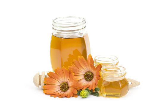 honey and flower on white