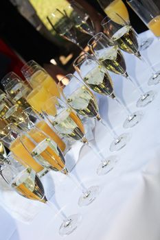 Elegant glass flutes full of champagne and orange juice standing on a table at a formal catered event for toasting during speeches Elegant glass flutes full of Champagne and orange juice standing on a table at a formal catered event for toasting during speeches 