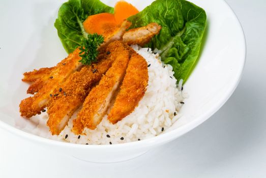 Chicken with rice and vegetables in background