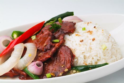 beef stir-fry with vegetable and rice asia food