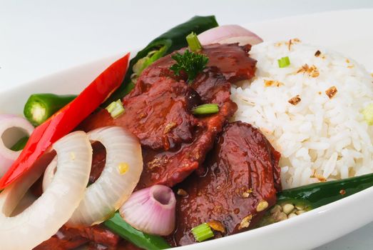 beef stir-fry with vegetable and rice asia food