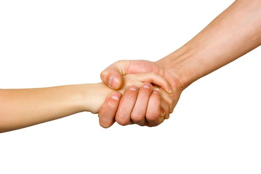 man's hand squeezes the small hand of the child on a white background isolated