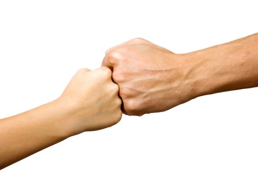 big hand and little hand as fists together isolated on white background