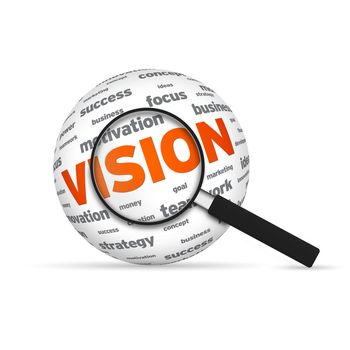 Vision 3d Word Sphere with magnifying glass on white background.