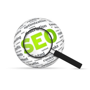 Seo 3d Word Sphere with magnifying glass on white background.
