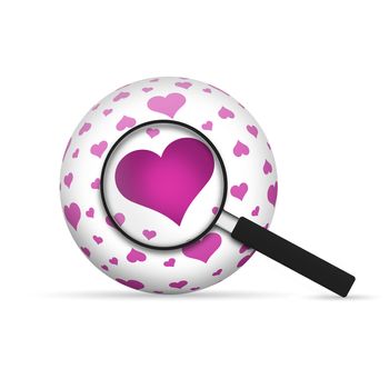 Love 3d Sphere with magnifying glass on white background.